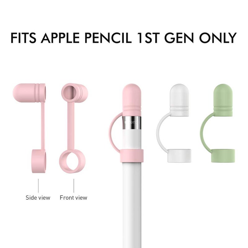 AhaStyle 3 Pack Cap Replacement Holder with Anti-Lost Strap Silicone Protective Cap Cover for Apple Pencil 1st Generation(White, Pink, Avocado Green) - Image 2